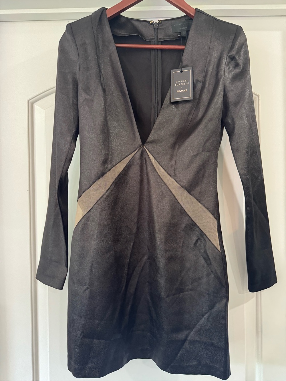 Michael Costello Black Long-Sleeve V-Neck Dress with Tan Insets